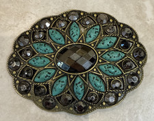 Vtg Metal Belt Buckle Oval Faux Turquoise  Black Rhinestones Cowboy Western Boh