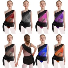 Kids Girls Dancewear Figure Skating Dress Party Leotard Sheer Mesh Practice