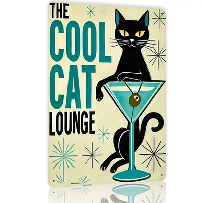 Cool Cat Wall Sign Flat, Metal Plate Midcentury Atomic Cat Lounge Black Decor