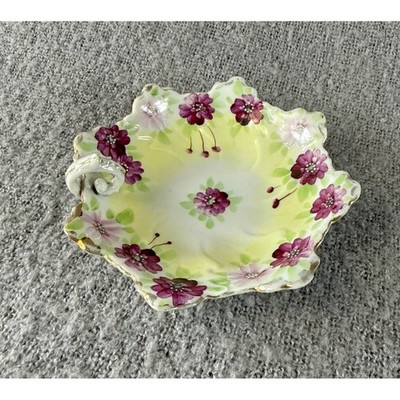 Vintage Floral Trinket Dish 6'' Yellow Gandmas Tableware Hand Painted Scalloped