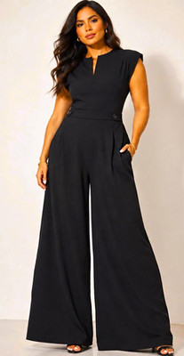 Women s Black Crepe V-Neck Cap Sleeve Wide-Leg Jumpsuit Pockets L