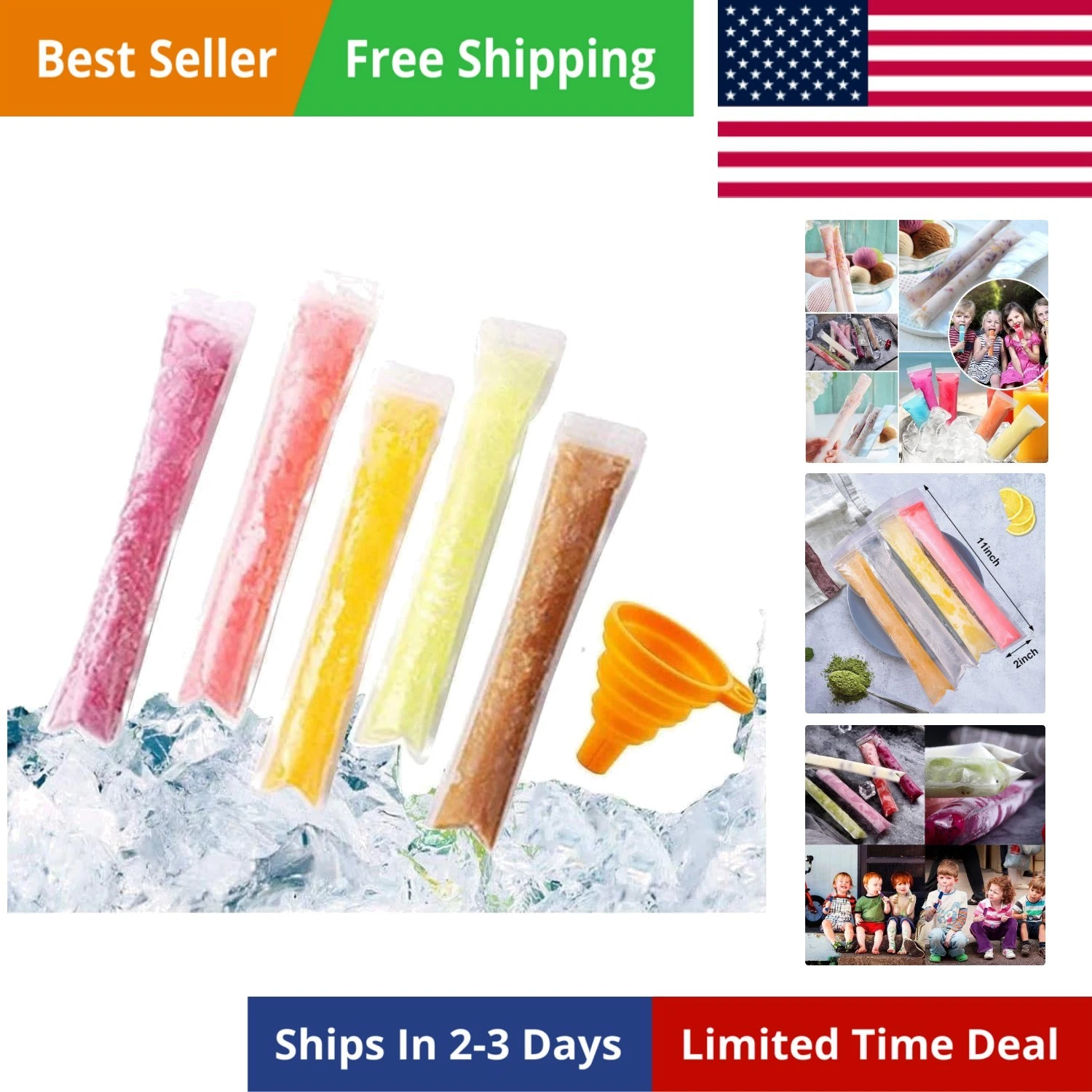 200 PCS Pop Bags - Pop Mold Bags with Funnel for Yogurt, Ice Candy, Ice Cream...