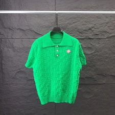 Casablanca Men's Wool Knitted Sweater Pearl Buckles Polo Shirt Green Size 2XL