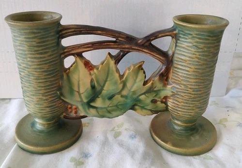 Vintage Green Roseville Pottery Bushberry Double Bud Vase #158