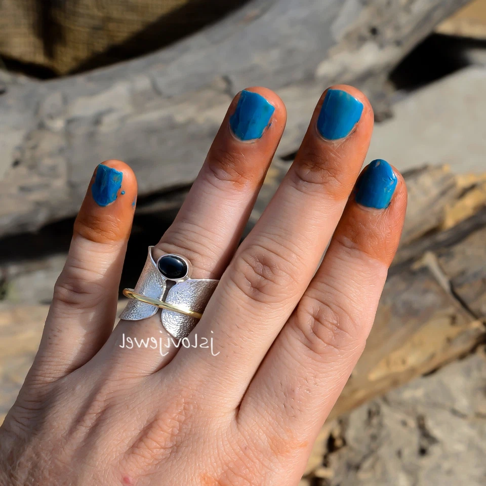 Anillo giratorio de plata esterlina 925 con piedras preciosas de ónix negro ansiedad por estrés joyería Foto 2 de 4