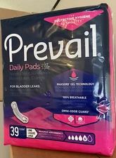 Prevail Bladder Control Pad 13'' Length, Maximum, Long - Bag of 39 New Sealed
