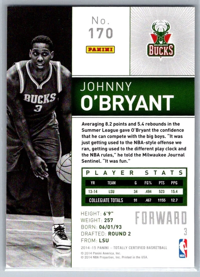2014-15 PANINI TOTALLY CERTIFIED BASKETBALL 170 JOHNNY O'BRYANT BUCKS - Image 2 of 2