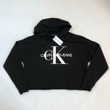 NUEVO CON ETIQUETAS Para mujeres Calvin Klein Jeans CK Sudadera Corta Sudadera con Capucha Logo Negro S M L