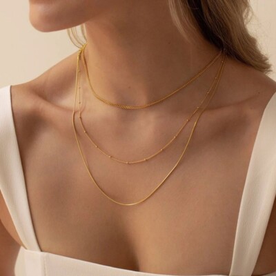 Woman 14K Gold Plated 3 Layers Cuban Snake Beaded Chain Necklace