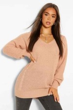 Boohoo Sweater Dress Basic V Neck Stone Color Size Medium