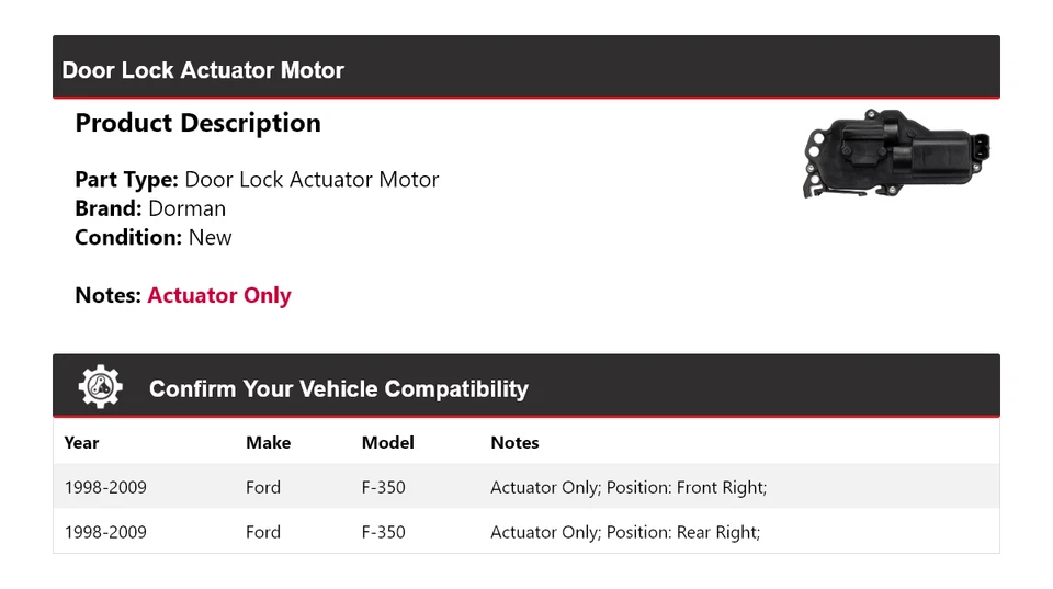 Motor actuador cerradura puerta Ford F-350 Dorman 1998-2009 1999 2000 2001 2002 Foto 2 de 4