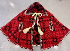 Vintage Child's Handmade Red Wool Poncho Cape Shawl - Folk Art - Reversible