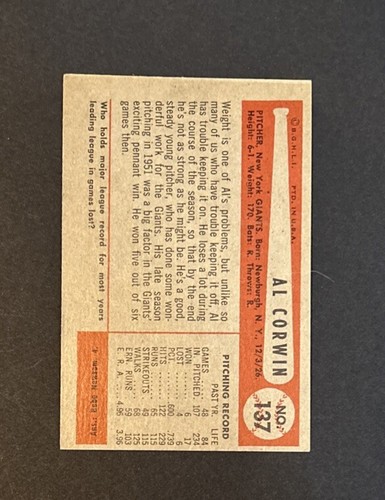 1954 Bowman - #137 Al Corwin - VG/VG-EX - Picture 2 of 2
