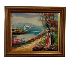 Vintage Oil Painting - Romantic Lakeside Stroll - Framed