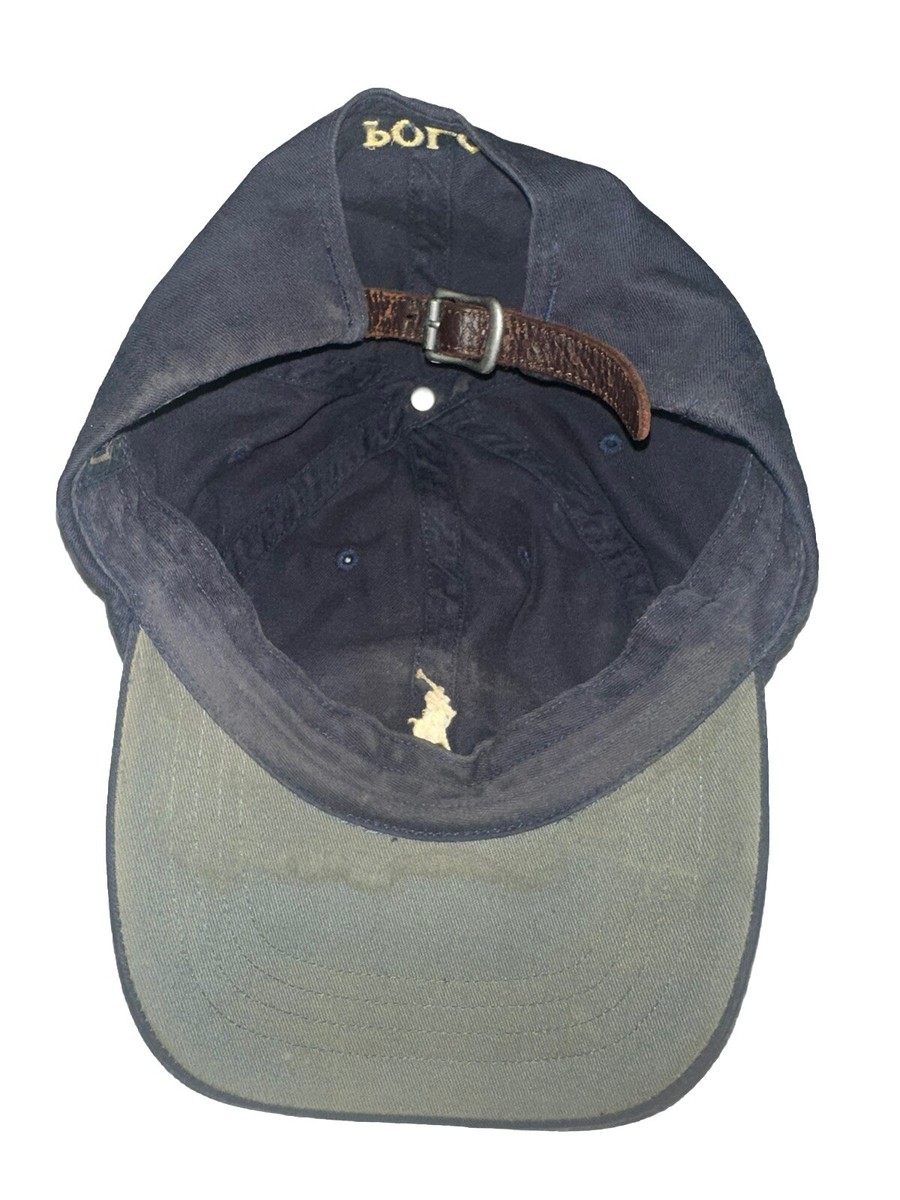 Polo Ralph Lauren VTG Leather Strapback Hat Navy Blue Orange Pony