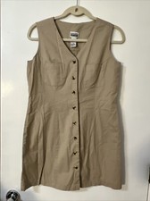 Basic Editions Khaki Cotton Button Down Shirt Dress Sleeveless 10 With Pockets