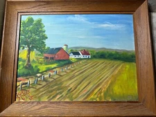 Vintage "Farm Landscape Scene" Oil On Board Painting - Framed
