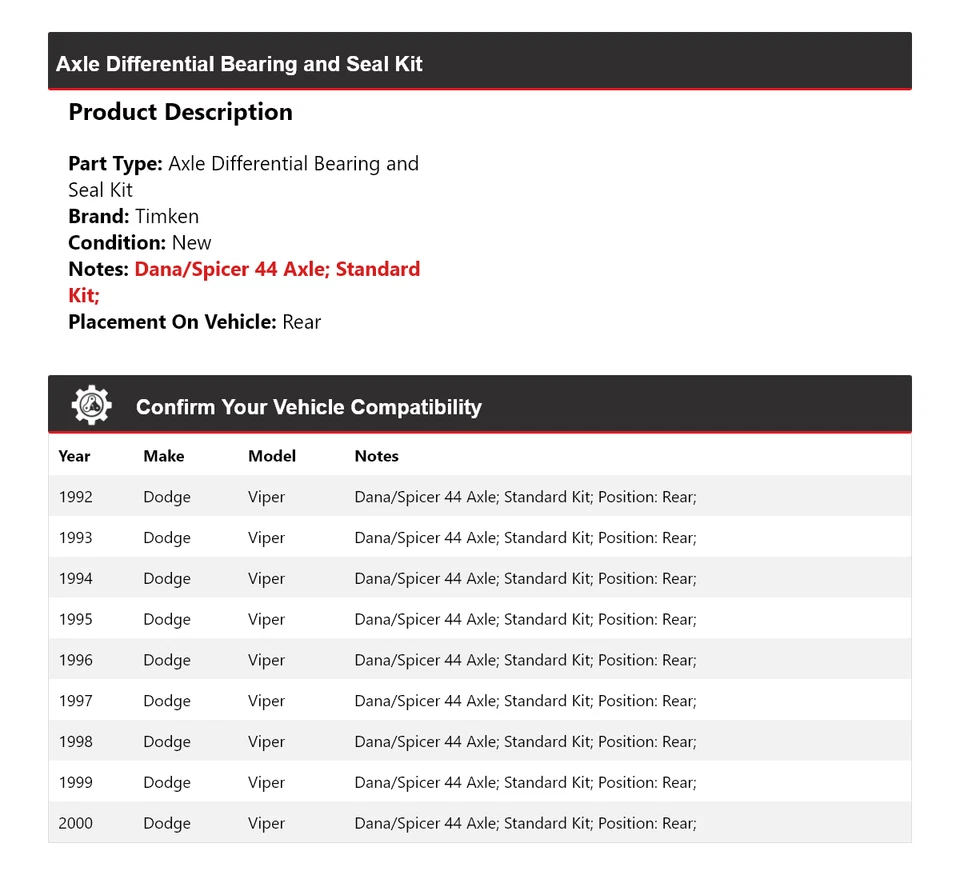 Kit de cojinete y sello diferencial eje trasero Timken para Dodge Viper 1992-2000 Foto 2 de 3