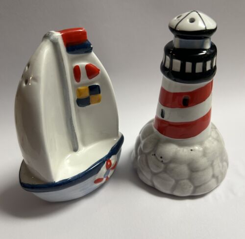 Lighthouse & Sail Boat Salt And Pepper Shakers Nautical Beach Ocean