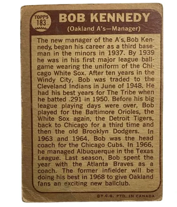 #183 Bob Kennedy 1968 O-Pee-Chee Basebal Card - Image 2 of 2