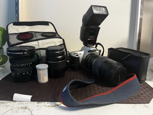 Canon Rebel 2000 35mm Film Camera Set Lenses + Flash, Filters, Batteries, Film