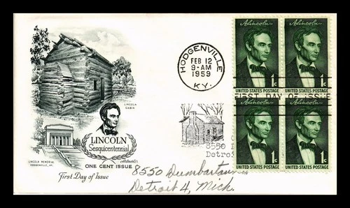 DR JIM STAMPS US COVER LINCOLN SESQUICENTENNIAL FDC SCOTT 1113 BLOCK OF 4