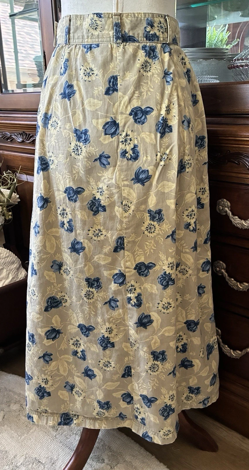 Vintage 90s Woolrich Cotton Midi Skirt Blue Floral Button Closure Pockets Sz 8