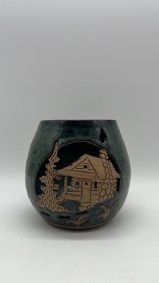 Artist Signed RM Pottery Tea Light Candle Holder Cabin Forest Scene Green 5 