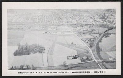 WA Snohomish LITHO PC c.1940 EARLY VIEW of HARVEY FIELD AIRFIELD on Route 3