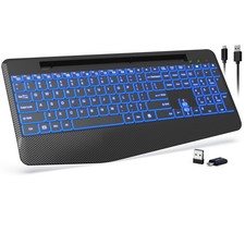 Wireless Keyboard 7 Colored Backlit Wrist Rest Phone Holder Full Size PC