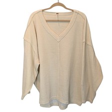 Free People Sz L Easy V Pullover Sweatshirt Cream Oversized Ribbed Shirt