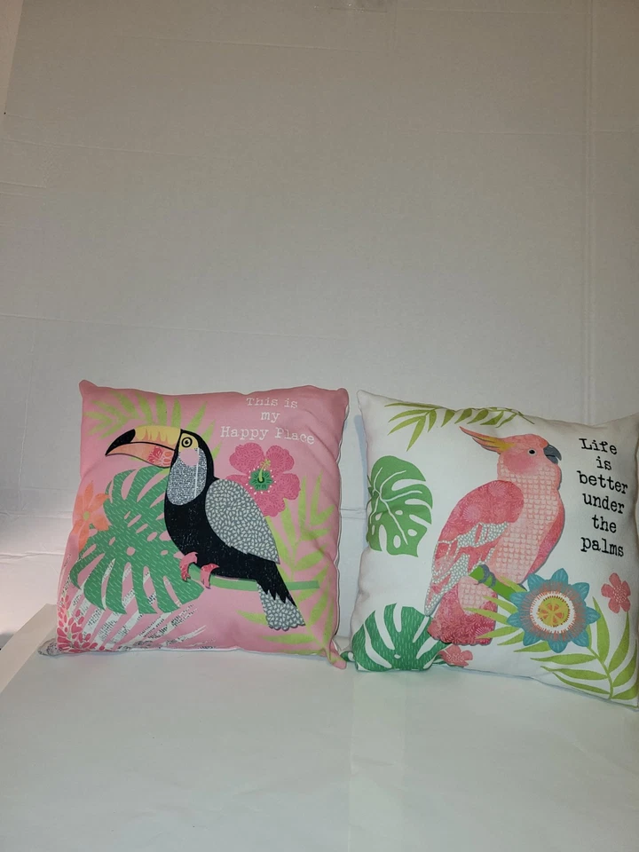Almohadas de algodón tropical tucán y cacatúa rosa lugar feliz la vida es mejor Foto 2 de 4