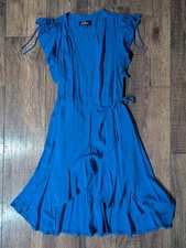 Lulus Rise to the Occasion Blue Midi Wrap Dress w/ Pom Pom Trim Womens Size XS