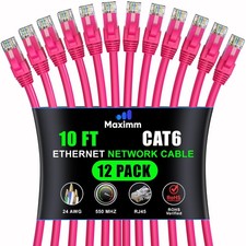12 Pack Cat 6 Ethernet Cable 10 Ft High-Speed LAN Patch Network Cord Pink