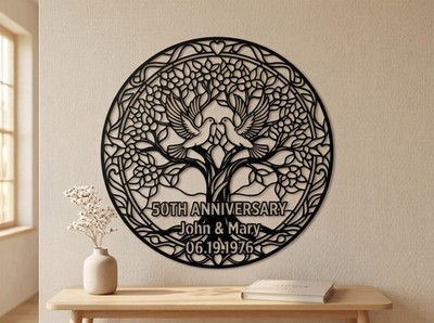 Personalized Anniversary Metal Sign Custom Tree of Life Love Birds Couple Gift