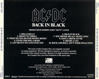 Back In Black by AC/DC (CD, 1980 Atlantic Records) | eBay