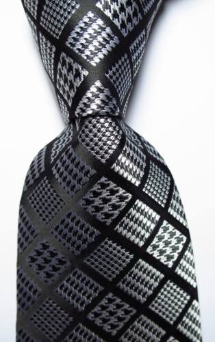 Neue klassische Schecks Herren-Krawatte schwarz weiß JACQUARD GEWEBT 100 % Seide - Bild 1 von 2