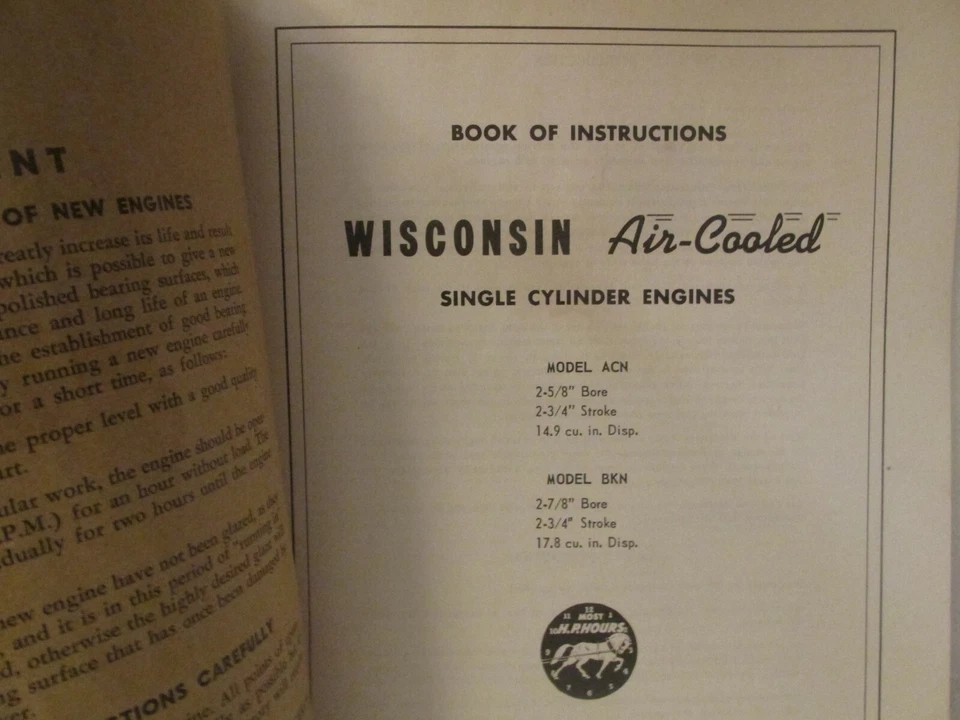 Antiguo libro de instrucciones de motores de alta resistencia de Wisconsin modelos ACN BKN MM-270-B Foto 2 de 3