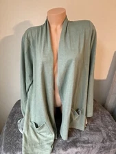Lori Goldstein LOGO Lounge Cardigan Women Large L Green Open Front Boho layer