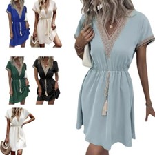 Women Casual Short Sleeve V Neck Lace Trim Drawstring Waist Flared A Line Dress