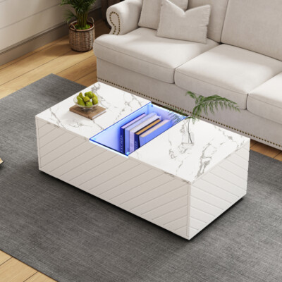 Weißer Couchtisch 100x50x35cm mit Marmoroptik, LED-Beleuchtung, Modernes Design