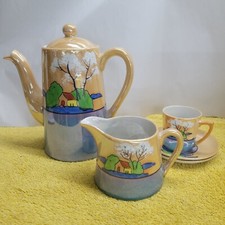 Vintage Lusterware Art Deco Tea Pot and Creamer Set Peach, Bonus Cup and Saucers
