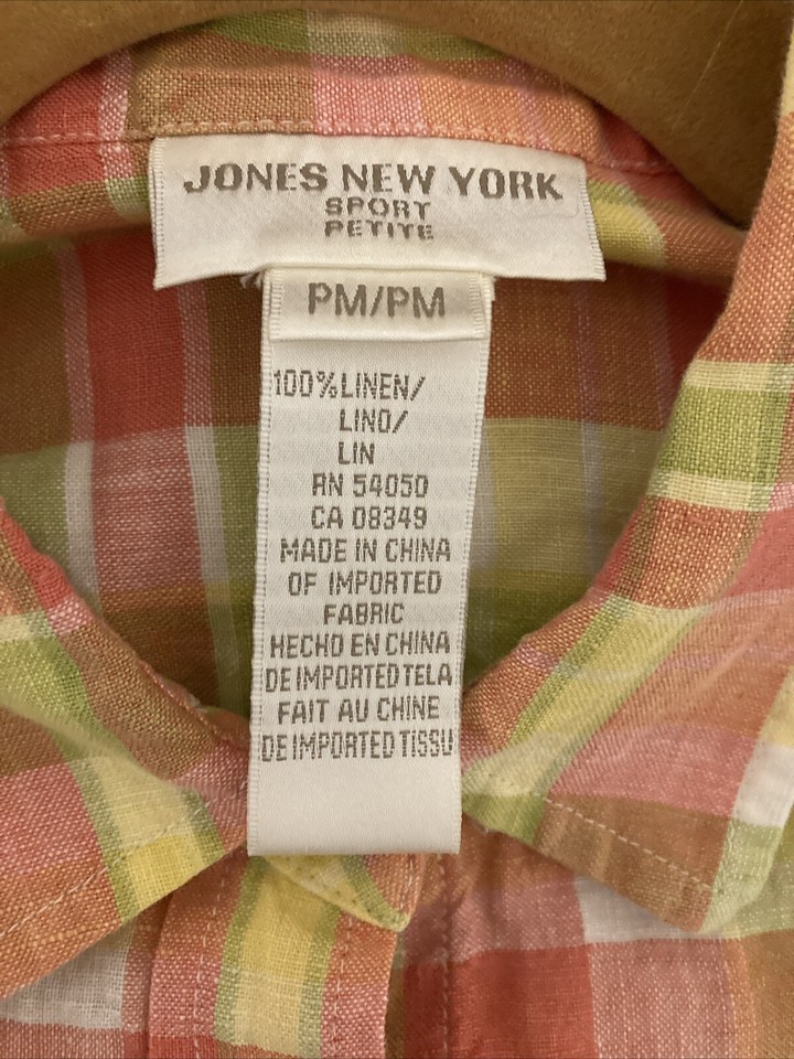 Jones New York Womens Blouse Linen Sport Roll Tab Sleeve Plaid Pink