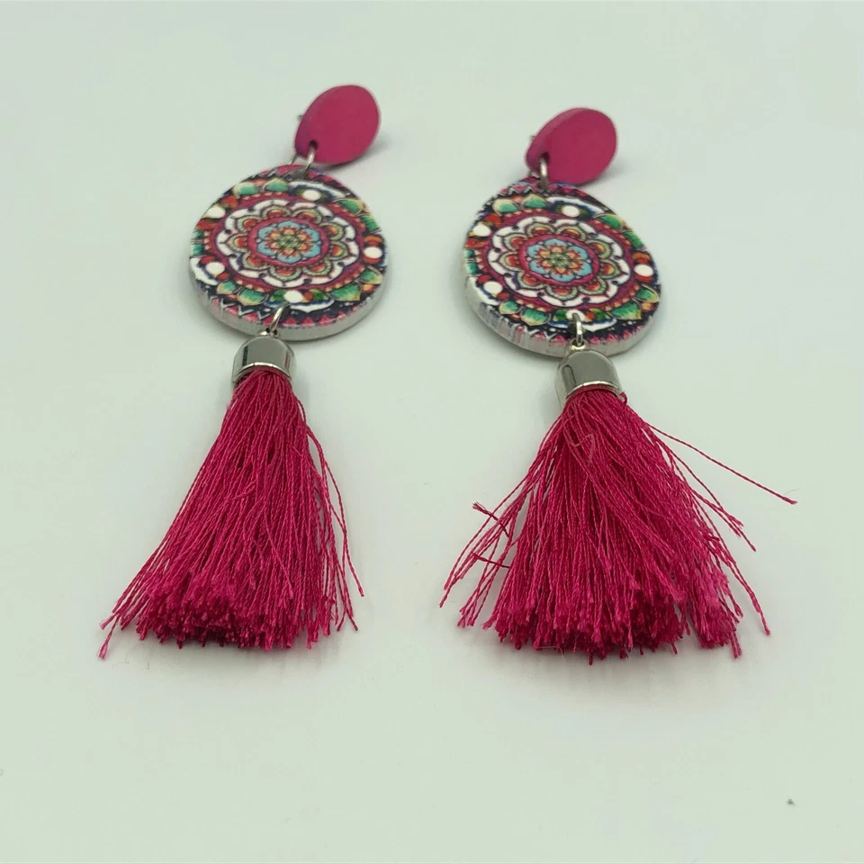 STATEMENT Earrings Pink Tassel & Floral Drop Dangle Pierced Ears Festival Boho - Image 3 of 4
