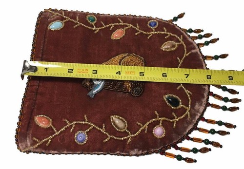 Handmade Beaded Velvet Cross Body Purse Brown Bear With Fish 8"X7" Smokey Grey - Picture 5 of 9