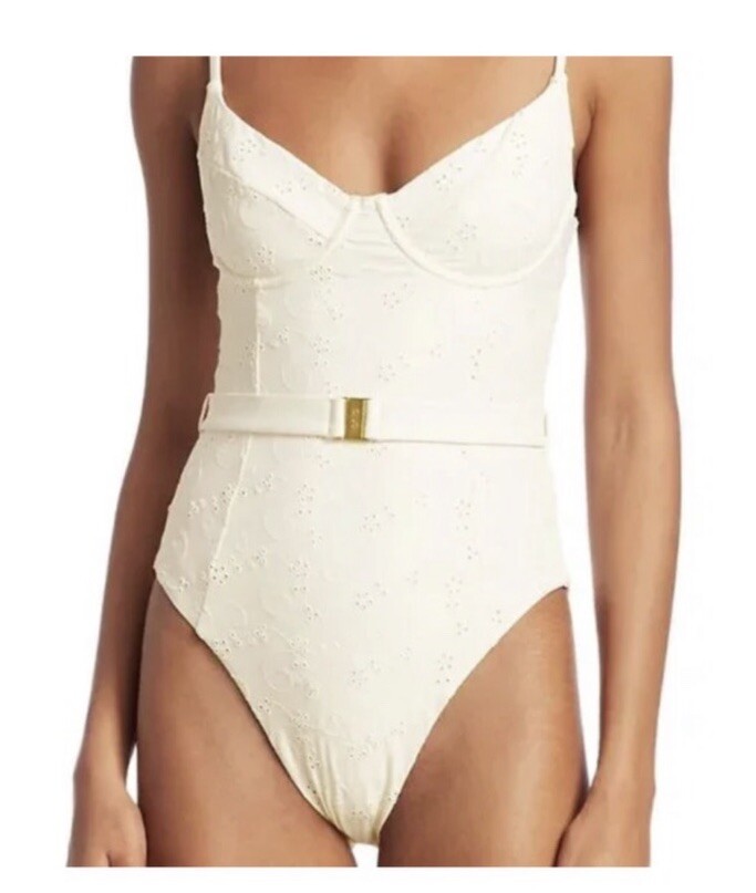 ONIA x WEWOREWHAT DANIELLE BELTED ONE PIECE SWIMSUIT SZ Large Ivory