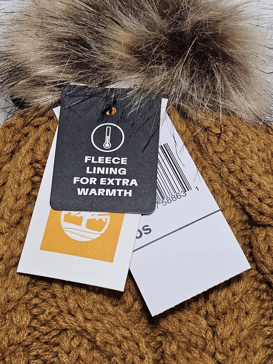 TIMBERLAND Cable Knit Faux Fur PomPom Fleece Lined BEANIE  display picture 2