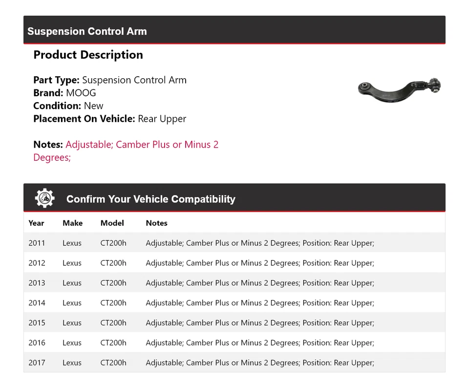 Braço de controle de suspensão traseiro superior MOOG 2011 2012 2013 para 2011-2017 Lexus CT200h - Imagem 2 de 4