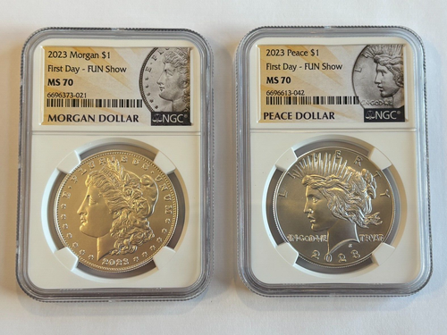 2023 Morgan Peace Silver Dollar $1 Set FDOI First Day of Issue FUN SHOW NGC MS70