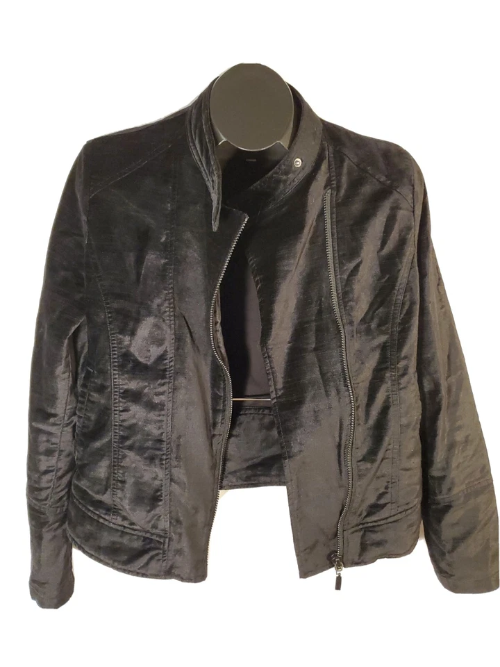 Chaqueta Kensie Jeans Talla Mediana Para Mujer Ajustada Moto Cremallera Completa Terciopelo Negro Foto 2 de 4